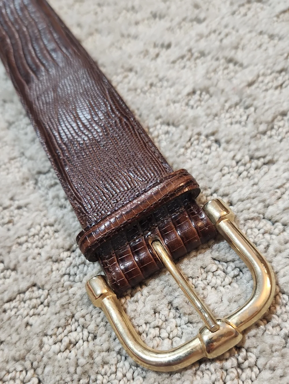 Mark Shale Reptile Embossed Textured Brown Leather Belt Gold Buckle Size Medium